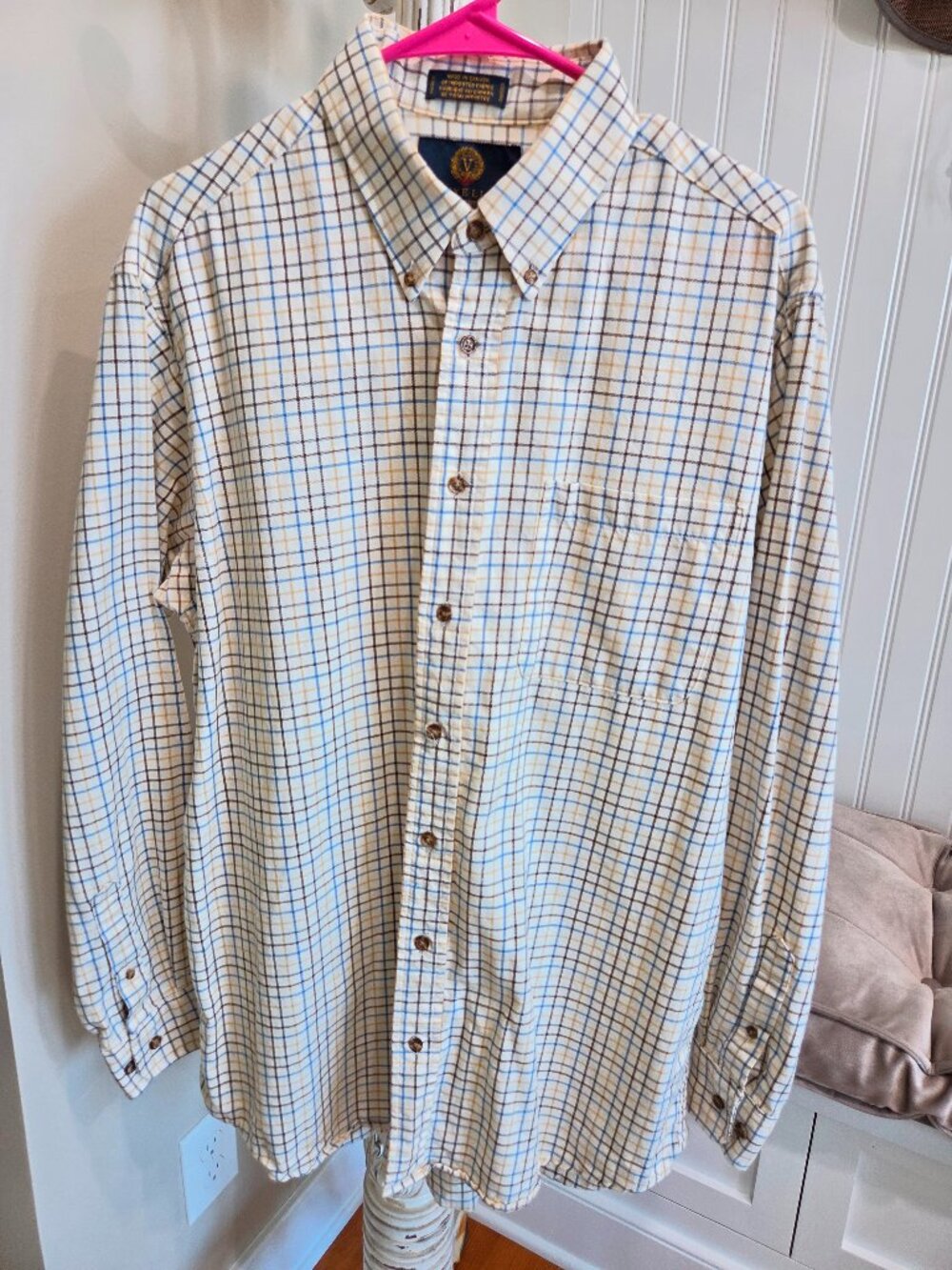 Men's Viyella Traditional Fit Shirt Large Blue Plaid Cotton Wool Long Sleeve